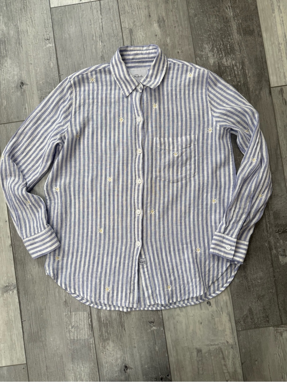 Rails Charli Blue Stripe Daisy Embroidered Linen Button Down Shirt XXS